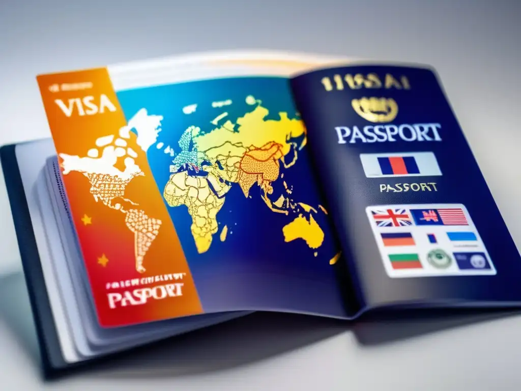 Documentación viajes seguros adultos: pasaporte colorido con sellos vibrantes de destinos visitados