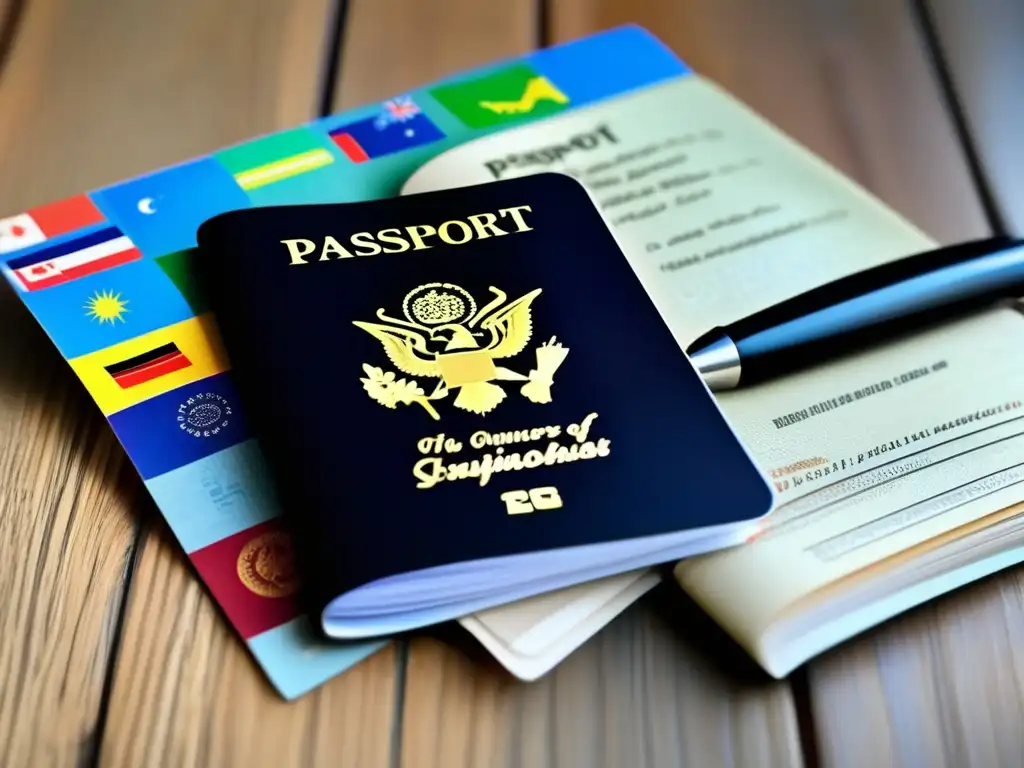 Pasaporte lleno de sellos de viaje Pasaporte moderno con sellos de visa de distintos países y una pluma elegante - Documentos y visados para viajes