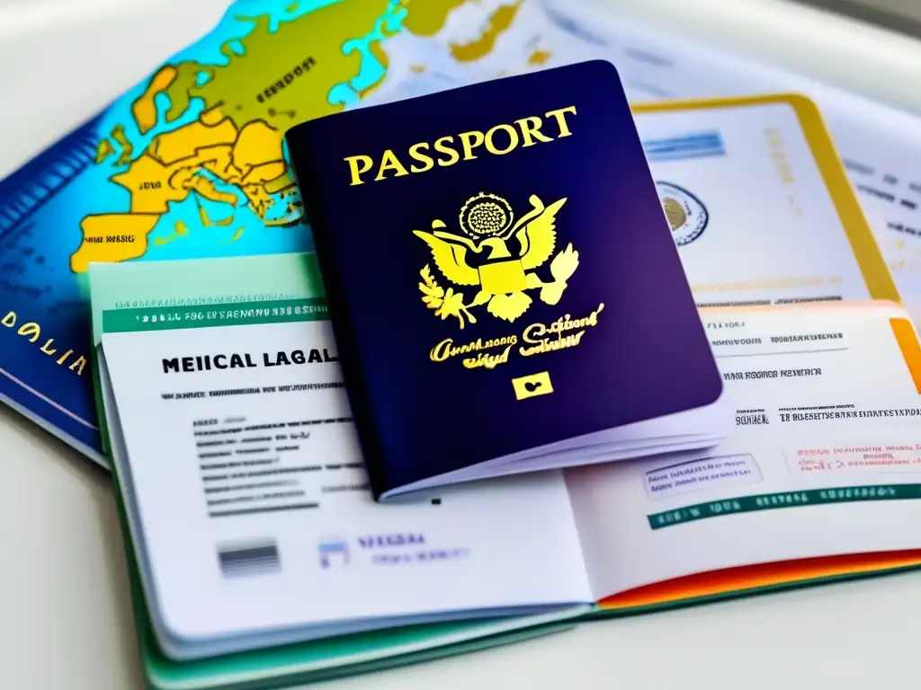 Pasaporte abierto con sellos coloridos Pasaporte moderno con sellos de entrada y salida de diversos países