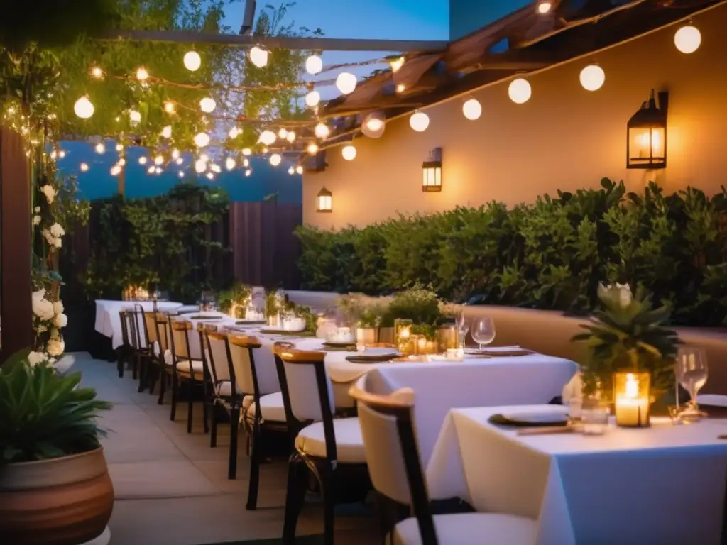 Patio elegante en Los Angeles Un patio al aire libre vibrante en Los Angeles con ambiente acogedor, mesas elegantes, plantas verdes y menú destacado