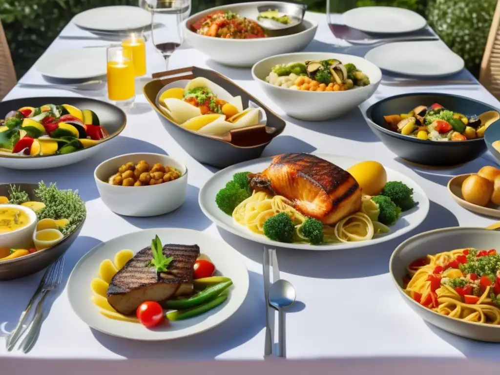Escena vibrante de patio soleado con mesa y comida casera Patio al aire libre con mesa vibrante y comida casera - Consejos Ahorro Vacaciones Senior