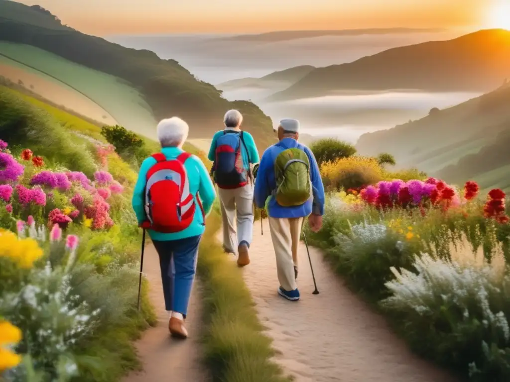 Seniors en peregrinaje matutino con camaradería Consejos peregrinación segura seniors: grupo caminando al amanecer, sol dorado, flores y naturaleza, inspiración para seguir