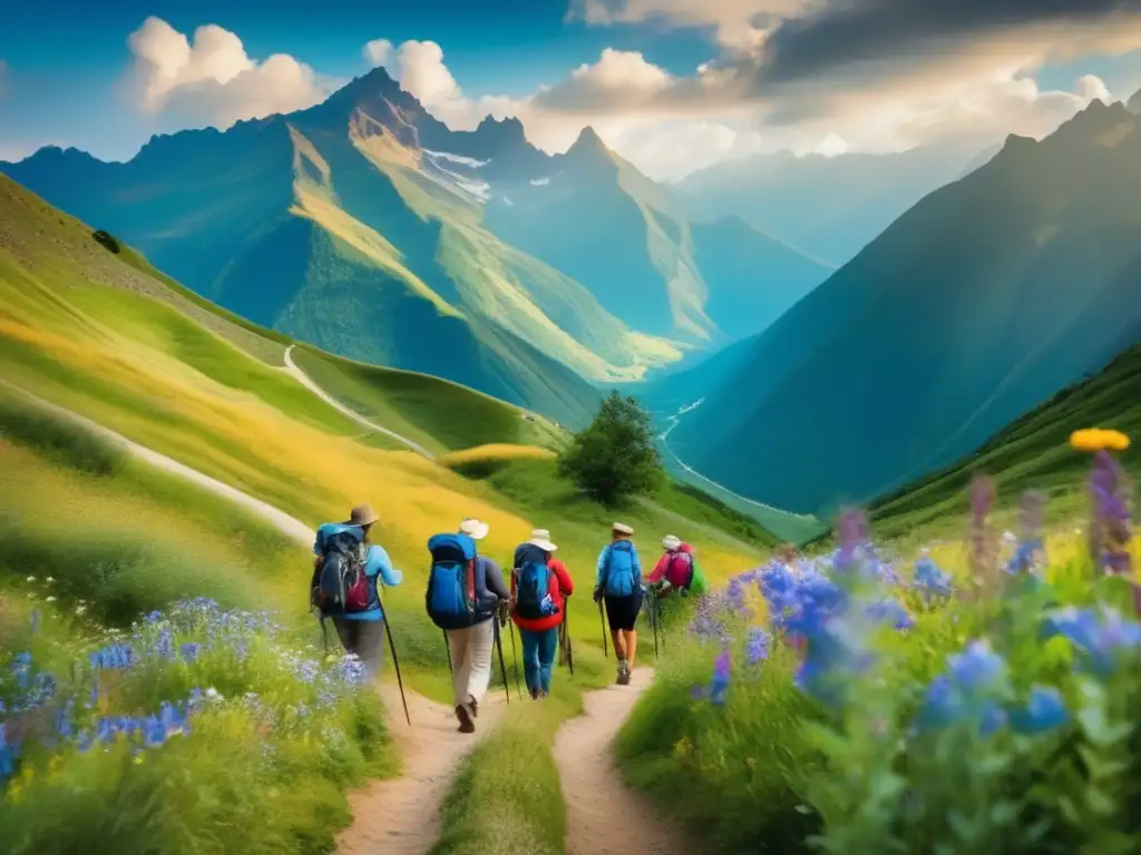 Peregrinaciones seguras para viajeros maduros en majestuosas montañas con senderos verdes y vibrantes flores silvestres