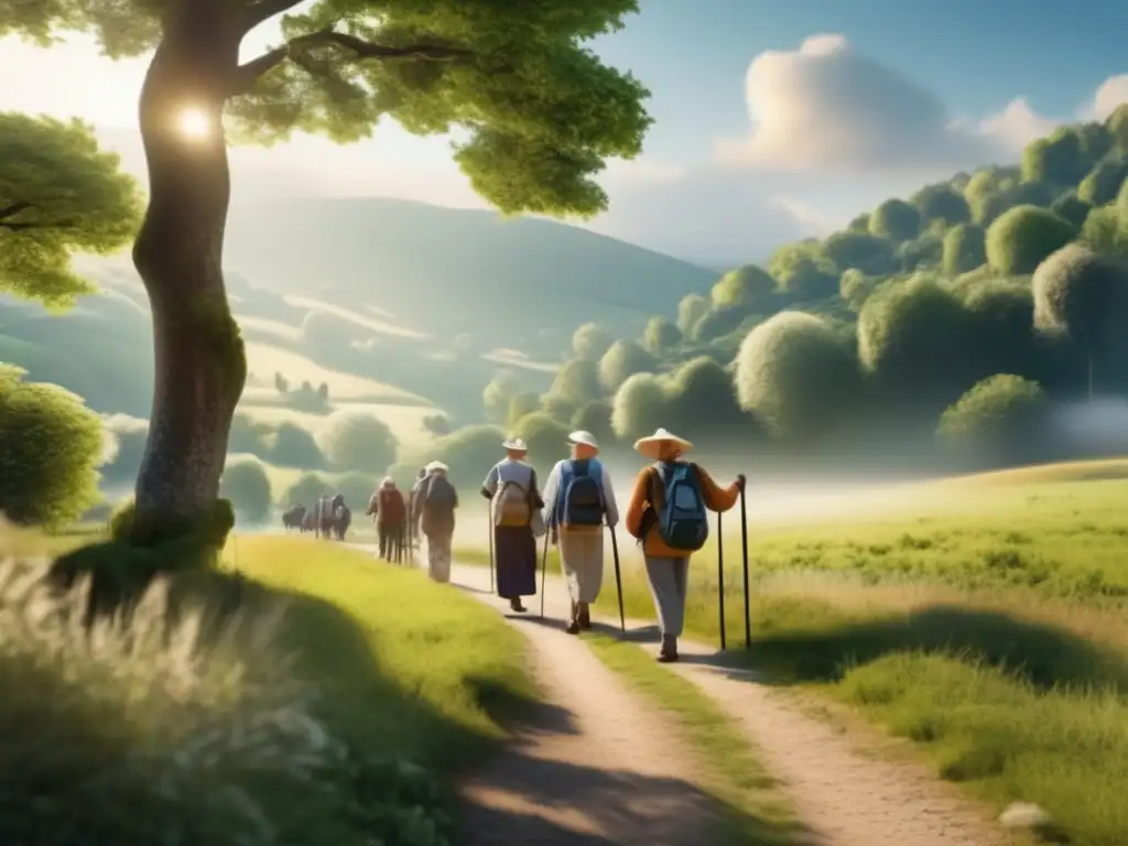 Peregrinaciones para viajeros seniors: grupo alegre caminando por sendero rodeado de naturaleza