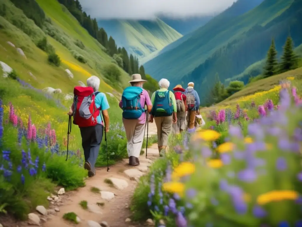 Caminata serena de ancianos en la montaña Peregrinación de seniors en montañas con naturaleza exuberante, seguridad y enriquecimiento