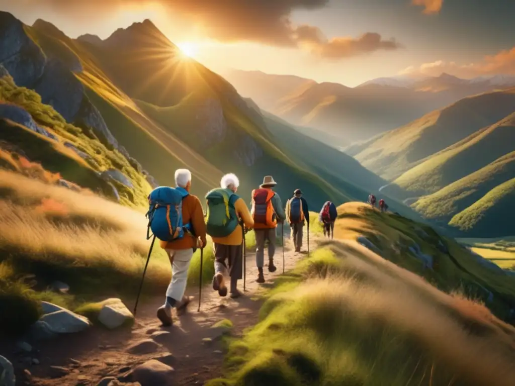 Peregrinos mayores caminando por sendero montañoso al atardecer Peregrinaciones seniors: Retos y resiliencia en un paisaje impresionante