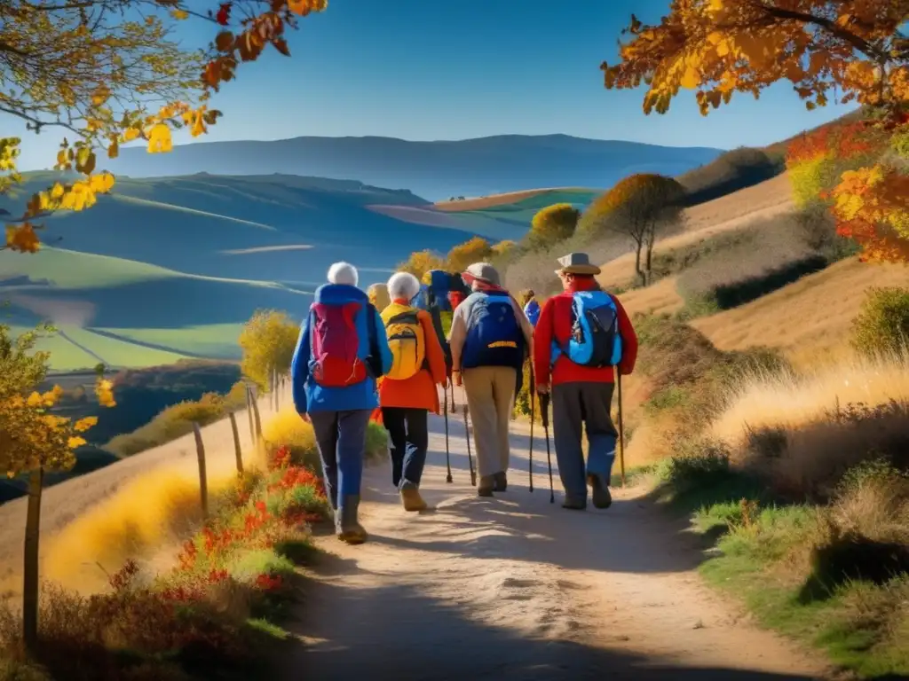 Senderismo otoñal en el Camino de Santiago Peregrinación senior: Camino de Santiago en otoño con colores vibrantes y serenidad