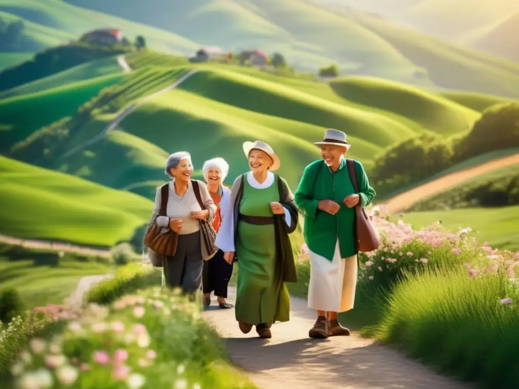 Peregrinación de seniors: aventura en paisaje natural con flores y camaradería