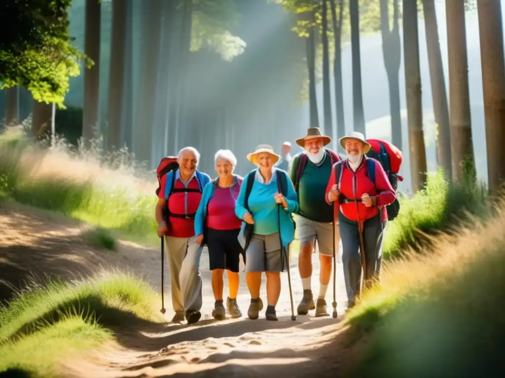 Seniors en el Camino de Santiago Retos peregrinaciones seniors: caminata llena de determinación y alegría, colores vibrantes y naturaleza exuberante