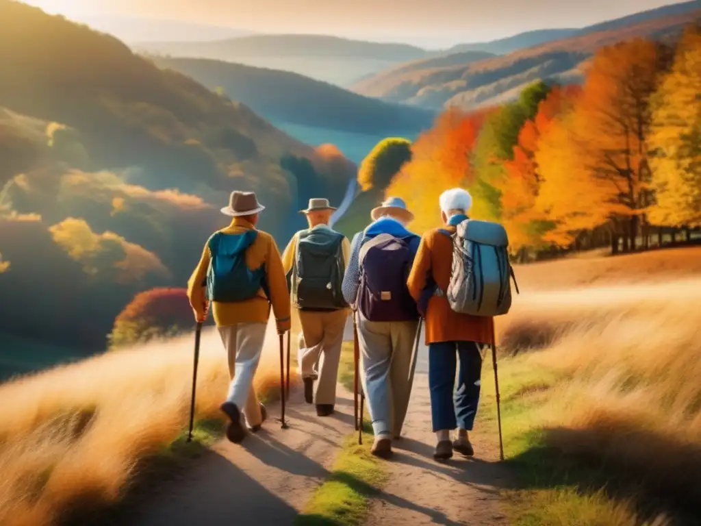 Serena peregrinación de seniors en otoño Consejos para peregrinación segura para seniors en un sendero otoñal, capturando belleza y espíritu de aventura