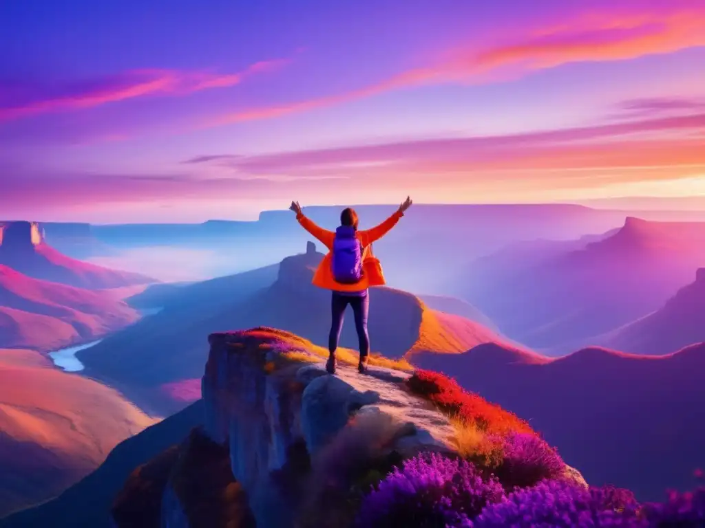 Persona en el borde de un acantilado con paisaje impresionante Persona disfrutando de la belleza de la naturaleza: Importancia actitud positiva viajes