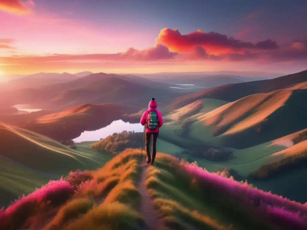 Viajero feliz en majestuosa montaña verde Persona en montaña verde con paisaje espectacular: Beneficios de la mentalidad positiva en los viajes