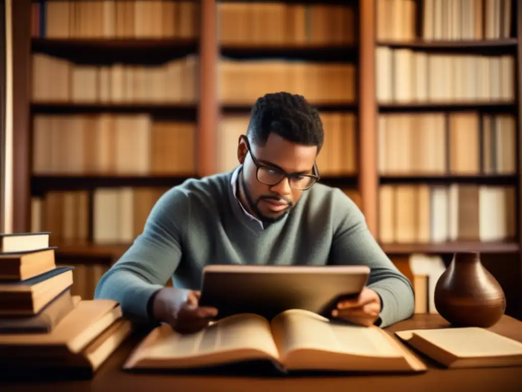Persona investigando genealogía con tablet Persona usando una tablet en una habitación acogedora llena de libros y documentos históricos