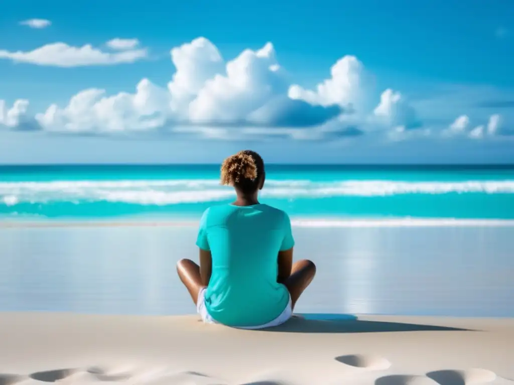 Persona relajada en playa paradisíaca Persona relajada en hermosa playa: Beneficios de viajar con una mentalidad positiva