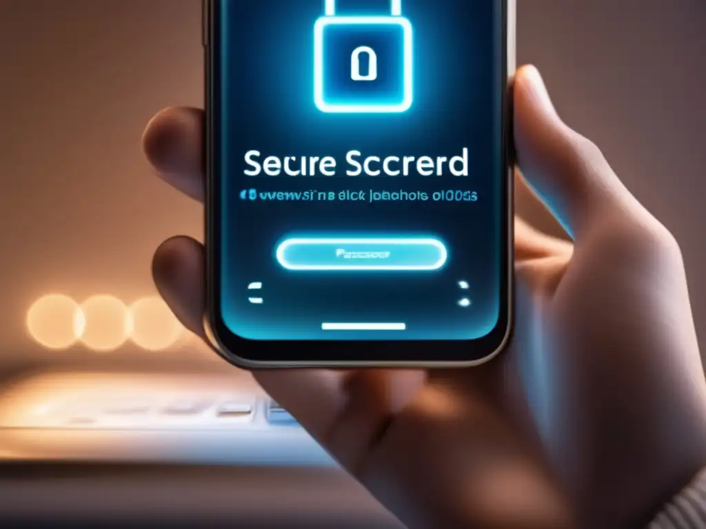 Mano sosteniendo smartphone seguro Persona sostiene smartphone con pantalla de bloqueo seguro y contraseña fuerte