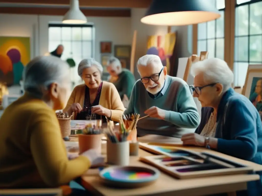 Grupo de ancianos en estudio de arte Viajes de arte para personas mayores en un estudio vibrante con luz natural, creando y expresándose a través de la pintura, escultura y dibujo
