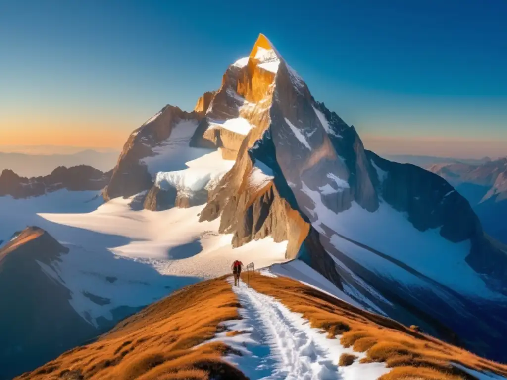 Majestuosa montaña nevada en un cielo azul, senderista en altitud enfrentando desafíos, belleza y prevención de salud