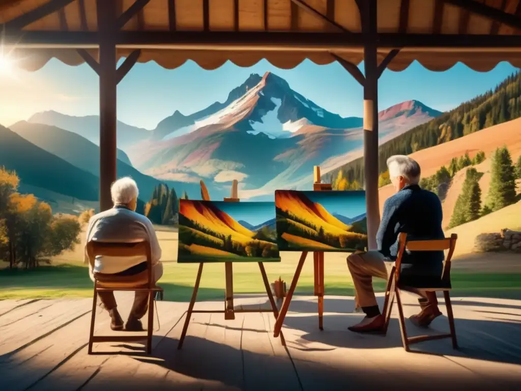 Pintores senior en paisaje majestuoso Viajes de pintura para mayores: Paisaje con pintores senior capturando la belleza de la naturaleza con pasión