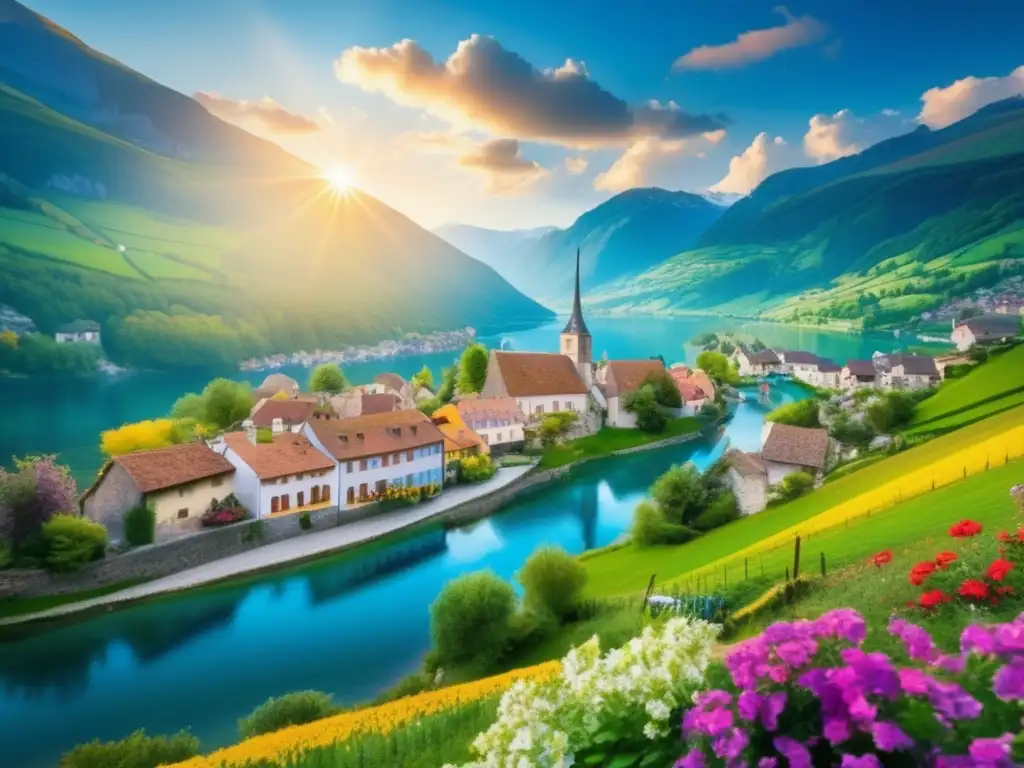 Pintoresco pueblo en las montañas Un tranquilo pueblo europeo en las montañas, rodeado de naturaleza exuberante y casas pintorescas