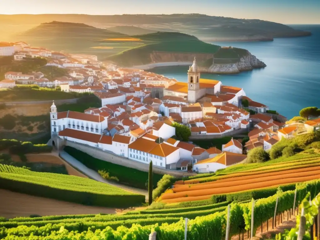 Pintoresco pueblo costero en Portugal Un encantador pueblo costero en Portugal, bañado por la luz dorada del sol