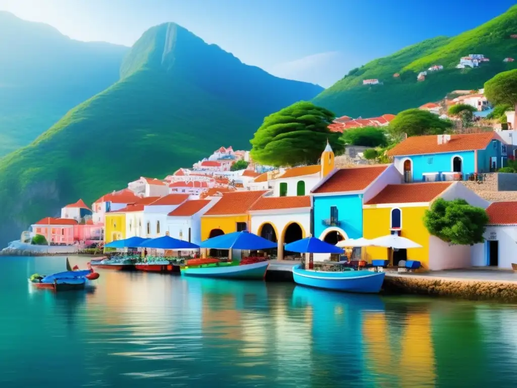 Encantador pueblo costero rodeado de montañas y aguas azules Destinos emergentes para viajeros maduros: Pintoresco pueblo costero entre montañas verdes y bahía azul