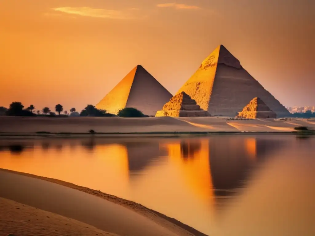 Majestuosas Pirámides de Giza al atardecer Maravillosa imagen de las majestuosas Pirámides de Giza en Egipto, reflejando la grandeza y cultura del Medio Oriente