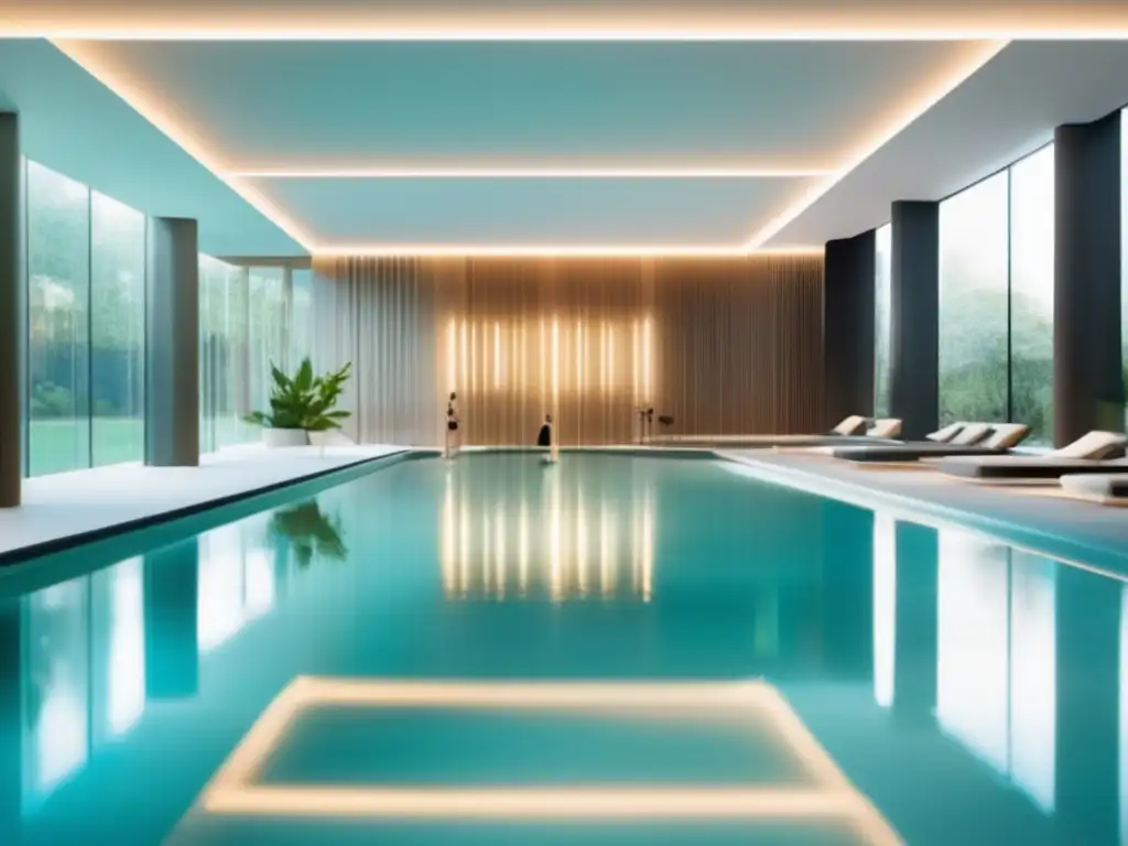 Piscina interior con adultos mayores haciendo ejercicios acuáticos Piscina interior serena con agua cristalina y adultos mayores realizando ejercicios acuáticos