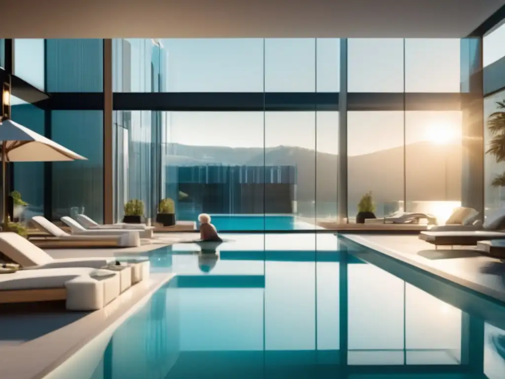 Piscina serena y elegante con ejercicios acuáticos Beneficios ejercicios acuáticos adultos mayores: piscina serena, arquitectura contemporánea, ejercicios acuáticos, tranquilidad y elegancia