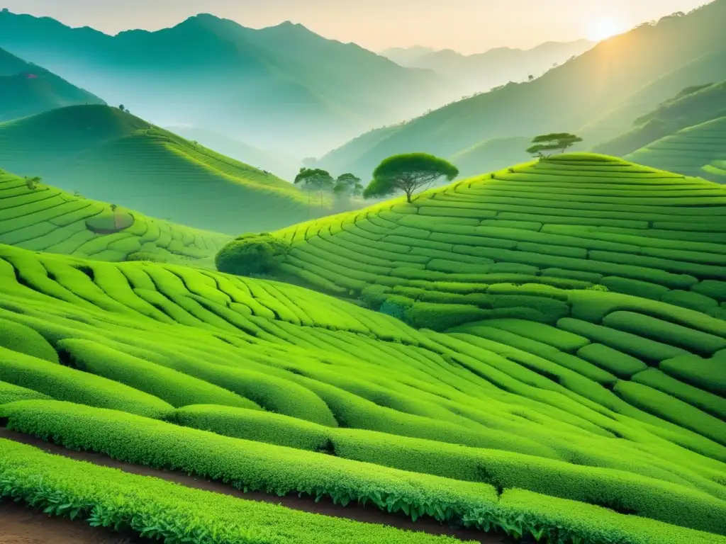 Plantación de té en China al amanecer Experiencia cultural del té en China para viajeros maduros en una plantación serena al amanecer