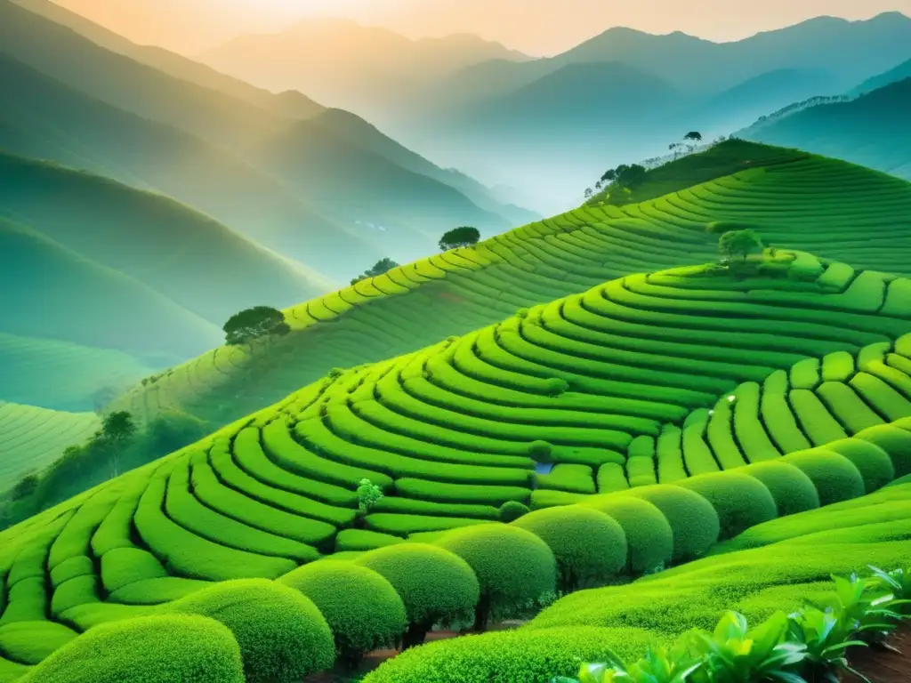 Plantación de té en China, paisaje sereno y tradicional Experiencia cultural del té en China para viajeros maduros: plantación de té en montaña con niebla y casa de té tradicional