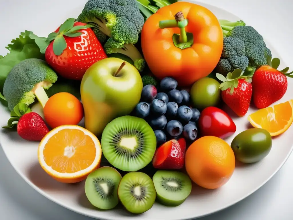 Plato de frutas y verduras frescas Plato vibrante de frutas y verduras frescas, expertamente dispuestas