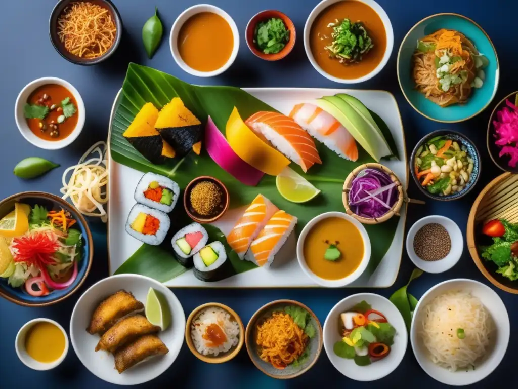Delicioso plato con comida variada y colorida Deliciosa variedad de platos culturales, cómo adaptar dieta a culturas