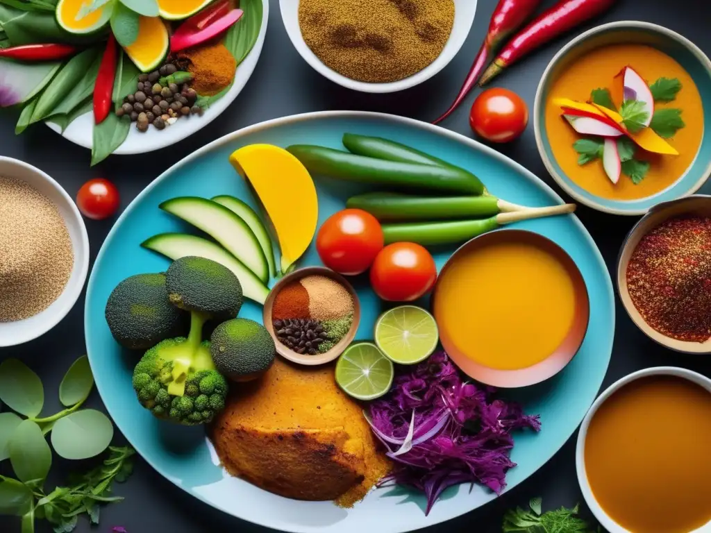 Plato multicultural con comida variada Plato con alimentos representativos de distintas culturas, invitando a adaptar la dieta a tradiciones culinarias
