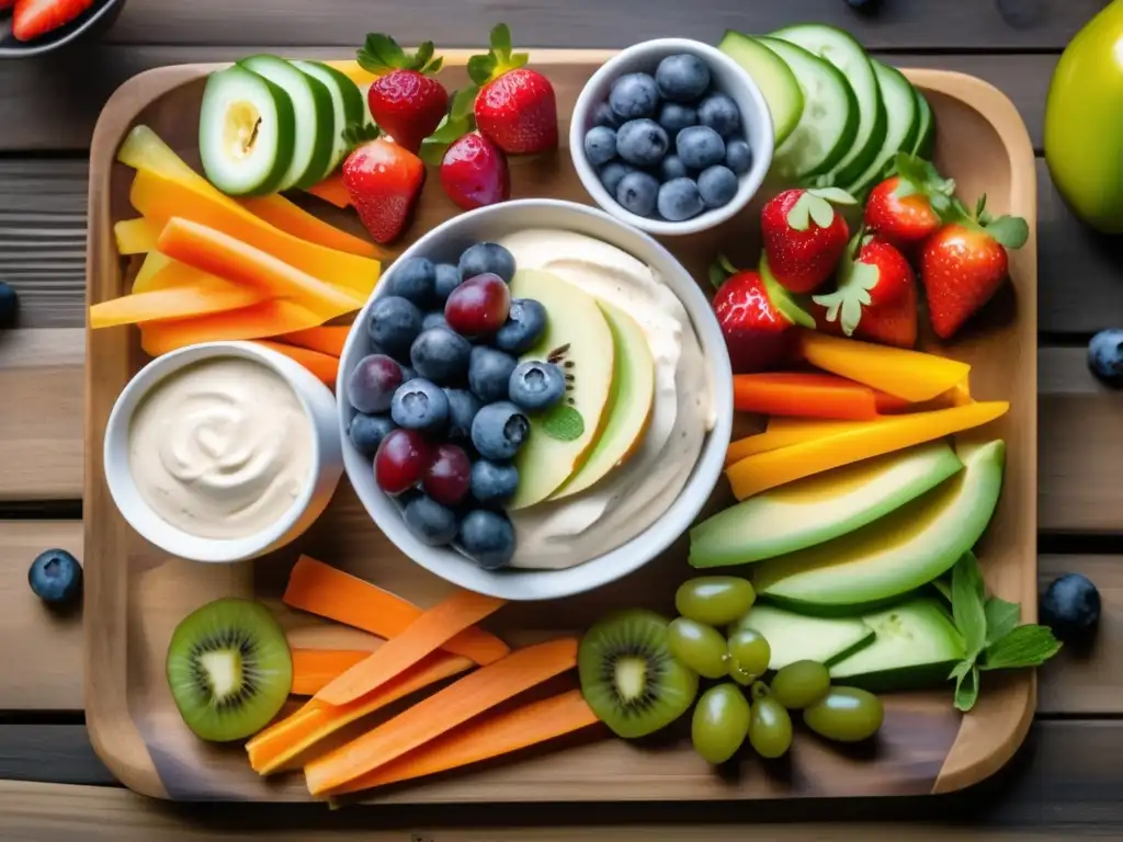 Plato saludable con frutas y snacks para viajeros Plato de snacks saludables para viajeros maduros con frutas, hummus, guacamole y vegetales