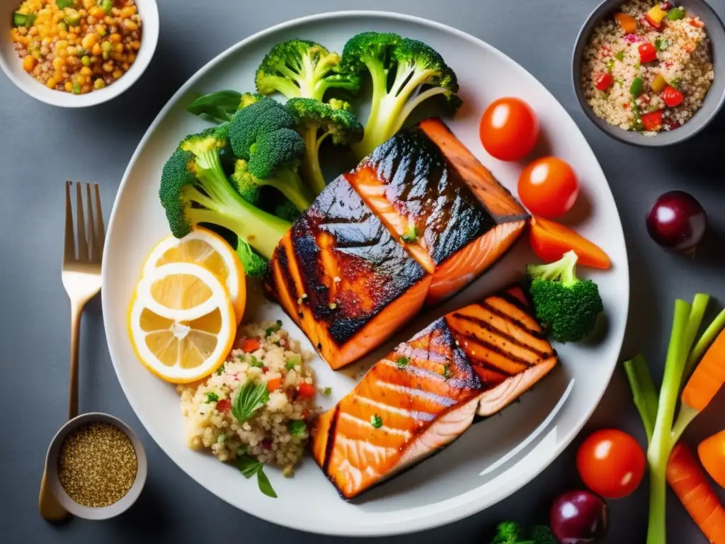 Plato de comida balanceada y nutritiva Alimentos saludables para viajeros maduros: plato vibrante y colorido con salmón a la parrilla, verduras y quinoa