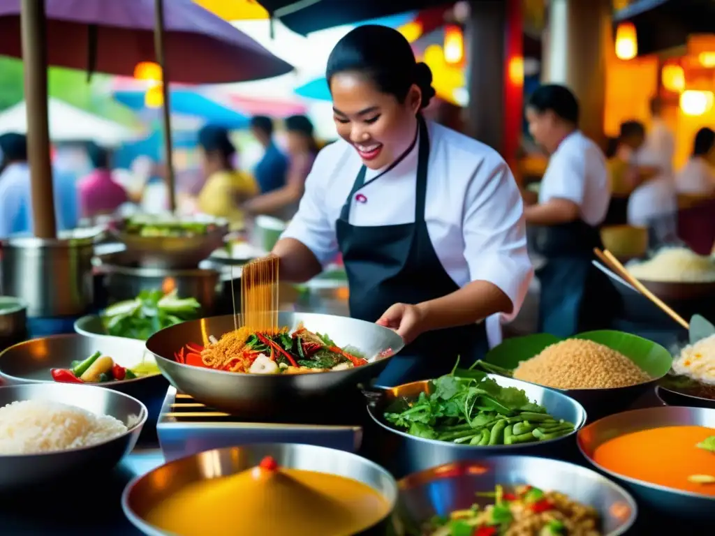 Sabores y colores de la cocina tailandesa Imagen: Recetas tailandesas para viajeros seniors - Sabores y colores vibrantes de la cocina tailandesa en un bullicioso mercado callejero