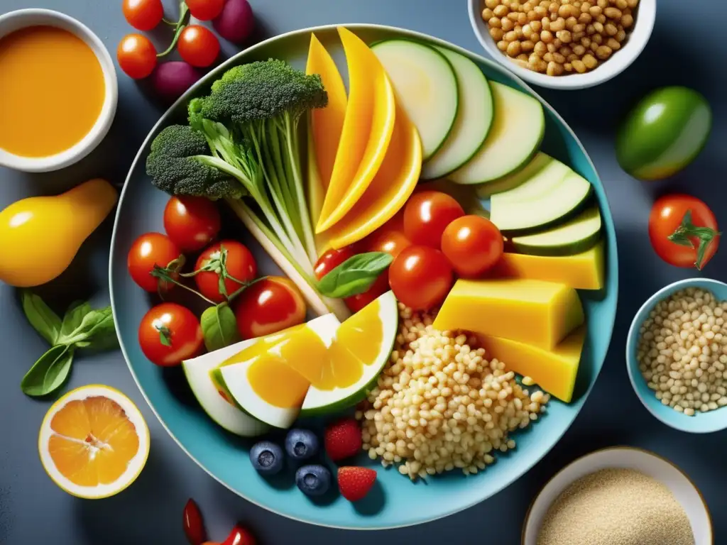 Deliciosos platos vibrantes y saludables Impacto positivo del cambio horario en la dieta: plato vibrante de comidas frescas y coloridas que se alinean con el nuevo horario