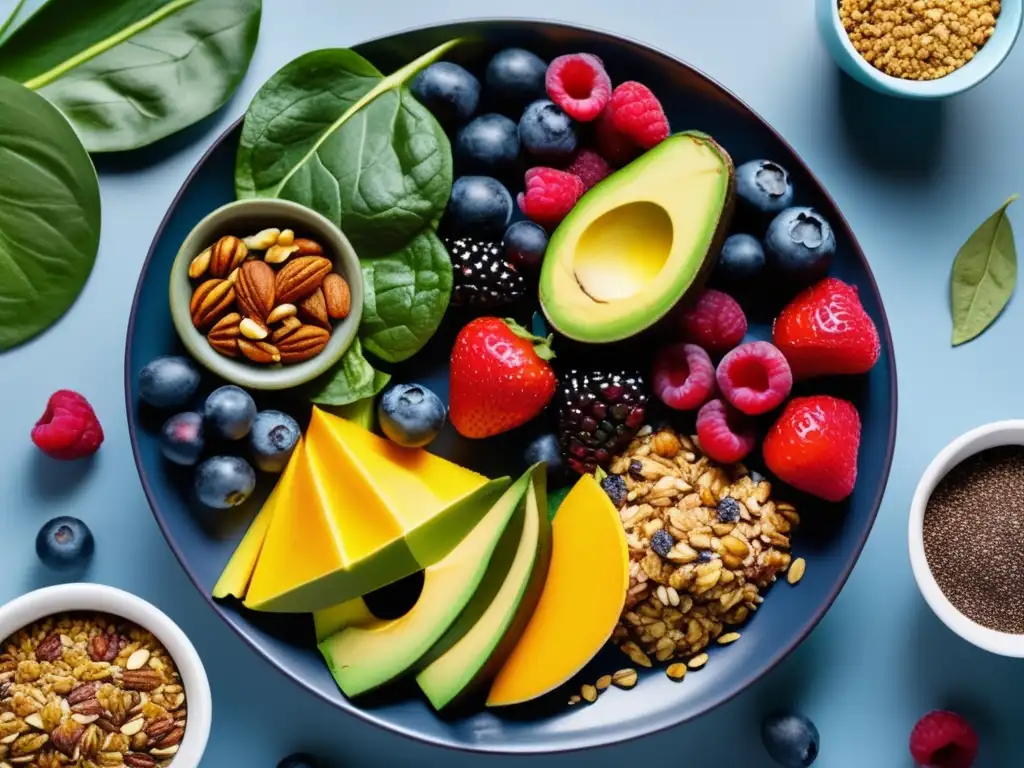 Plato saludable para el corazón Plato vibrante de superalimentos: beneficios para el corazón, con verduras, bayas, semillas de lino, aguacate y nueces