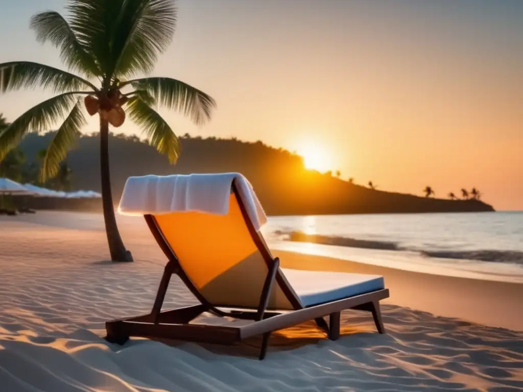 Playa serena al atardecer con palmeras Actividades tranquilas para viajeros maduros en una playa serena al atardecer