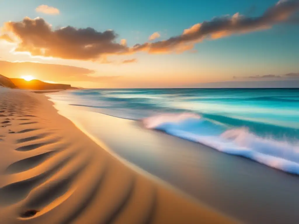 Playa serena al atardecer Planificación financiera viajes tercera edad: Sereno atardecer en playa dorada con silla de playa invitando a soñar con vacaciones doradas