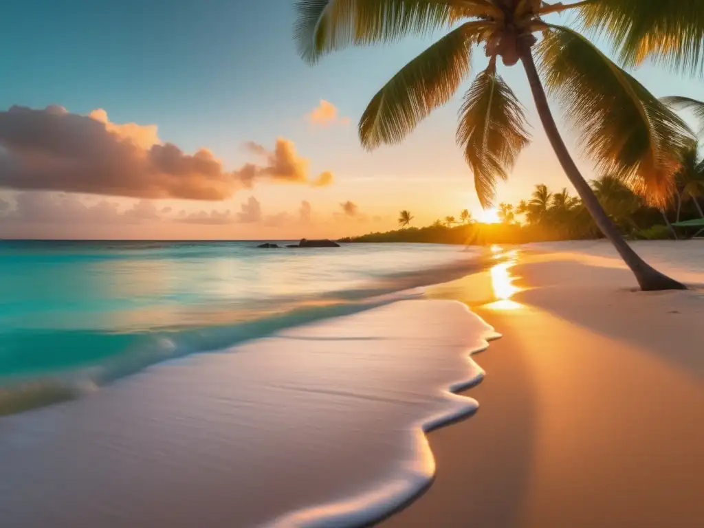 Hermosa playa caribeña al atardecer Destinos seguros en el Caribe para viajeros seniors - Sereno atardecer en una playa caribeña, con aguas turquesas y palmeras meciéndose al viento