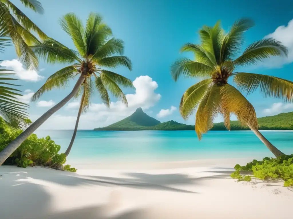 Playa caribeña serena con agua turquesa y palmeras Destinos seguros en el Caribe para viajeros seniors: Playa idílica con aguas turquesas y arena blanca, palmeras y pareja caminando