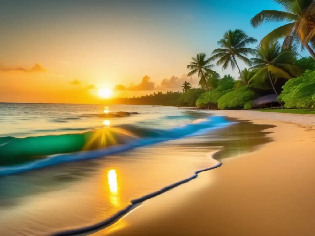 Playa paradisíaca al atardecer Playa dorada: Viajar económico en la edad dorada