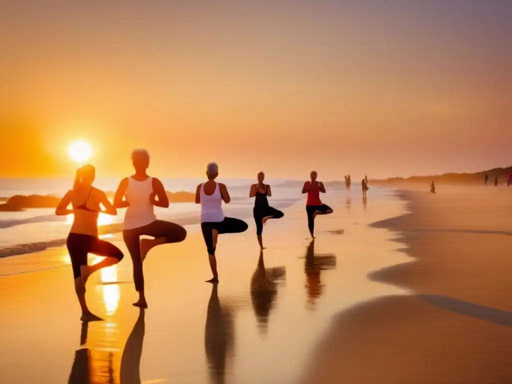 Ejercicios para adultos mayores en la playa: puesta de sol dorada, arena suave, vitalidad y relajación