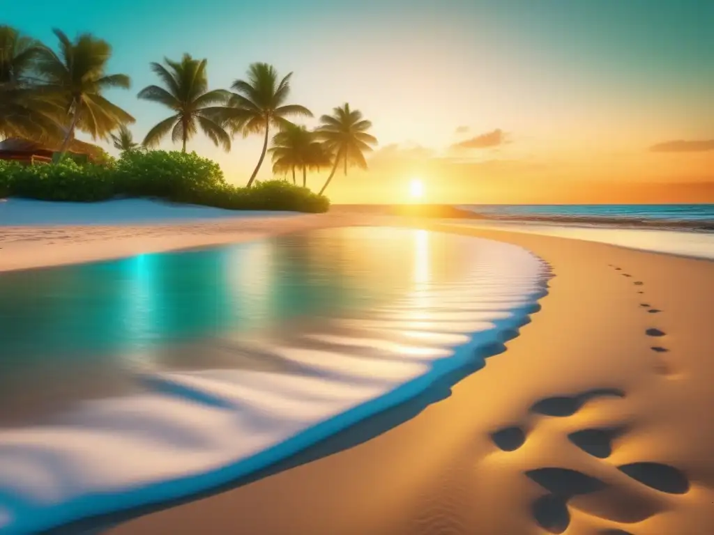 Playa al atardecer con pareja caminando Imagen de playa al atardecer, promoviendo la mentalidad positiva en viajes