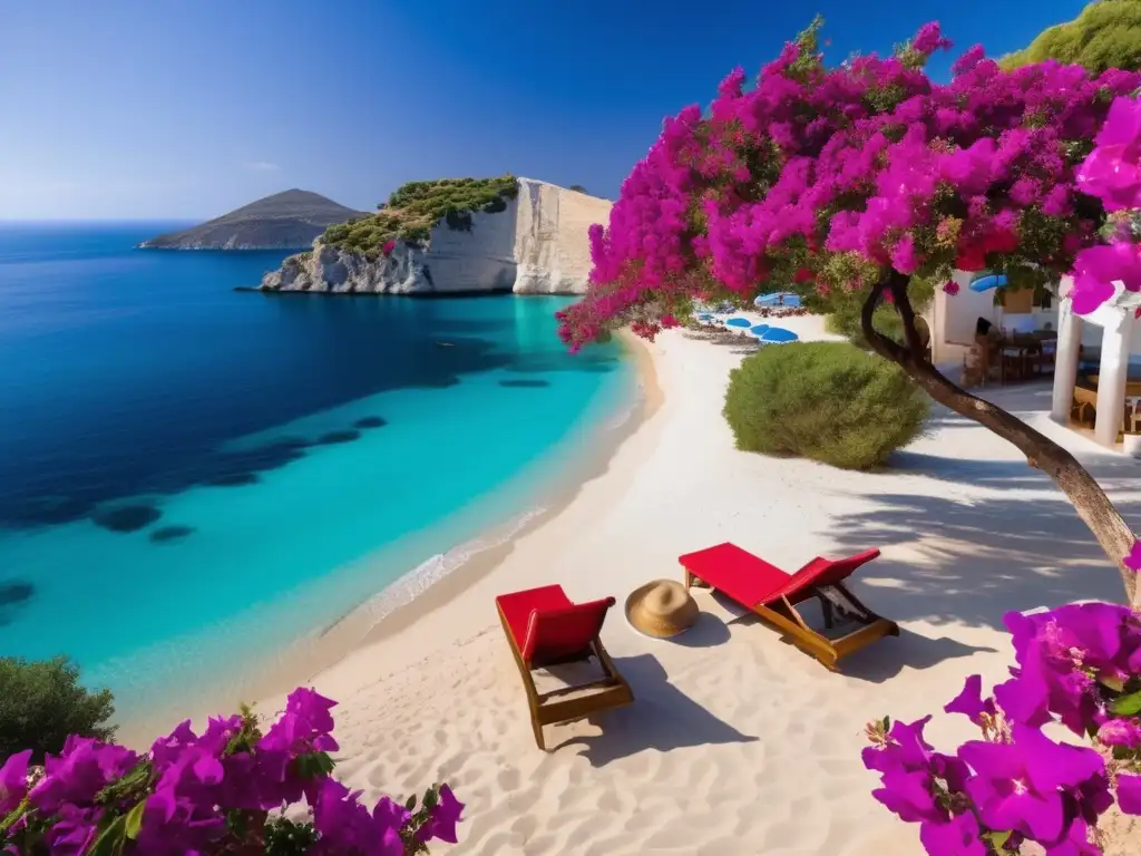 Playa griega serena con aguas turquesas y bougainvillea vibrante Experiencias de viaje personalizadas para adultos mayores en Grecia: serena playa griega con aguas turquesas, arena dorada y pareja disfrutando el sol
