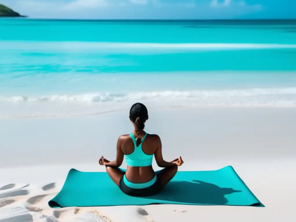 Viaje y bienestar mental: Playa serena y meditación Consejos salud mental para viajes enriquecedores - Playa tranquila con agua turquesa, yoga y relajación