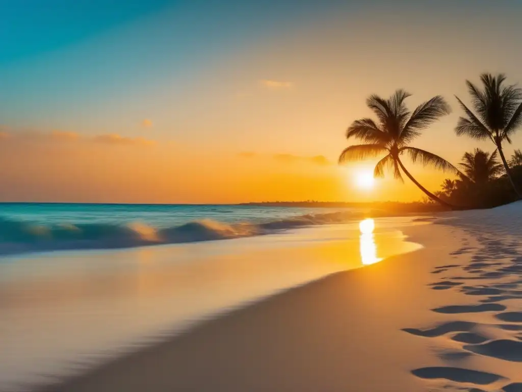 Playa paradisíaca al atardecer Playa paradisíaca al atardecer, con sol dorado, aguas turquesas y tranquilidad