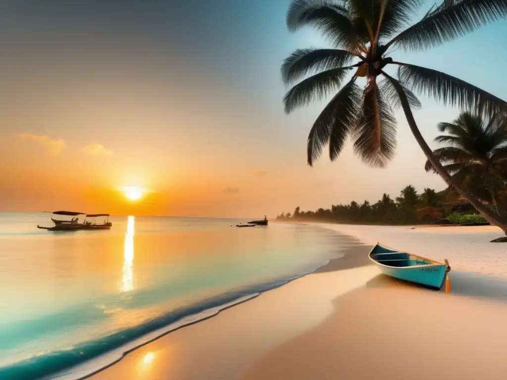 Hermosa playa al atardecer con palmeras Playa paradisíaca al atardecer, seguridad en viajes lingüísticos para adultos mayores