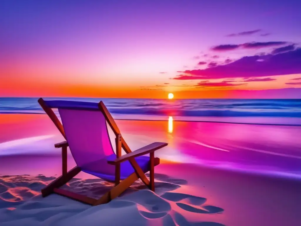 Playa serena al atardecer con silla de playa Viaje enriquecedor para adultos: Playa serena y pintoresca al atardecer con una deslumbrante imagen en 8k